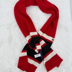 Tommy Hilfiger Scarf Unisex OS Red Striped Ribbed Knit Winter Accessory
